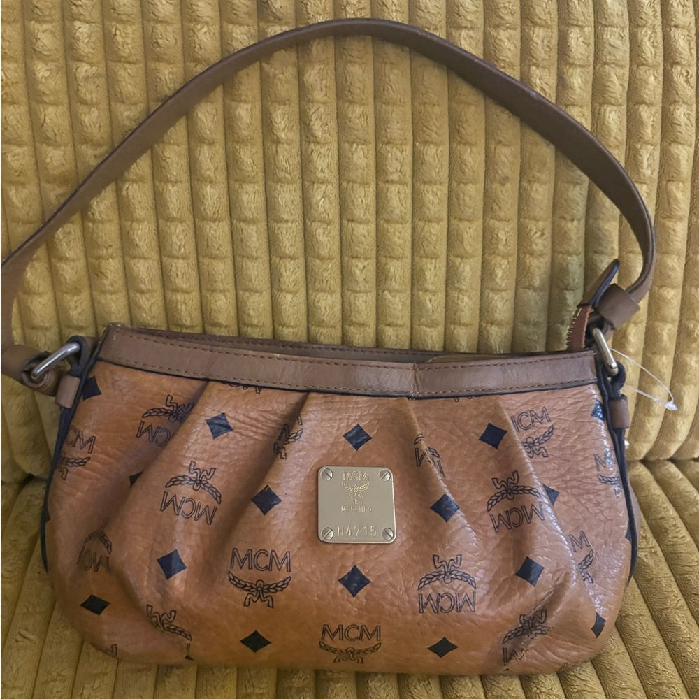 Authentic MCM Tan Visetos Monogram Shoulder Bag with Gold Plaque